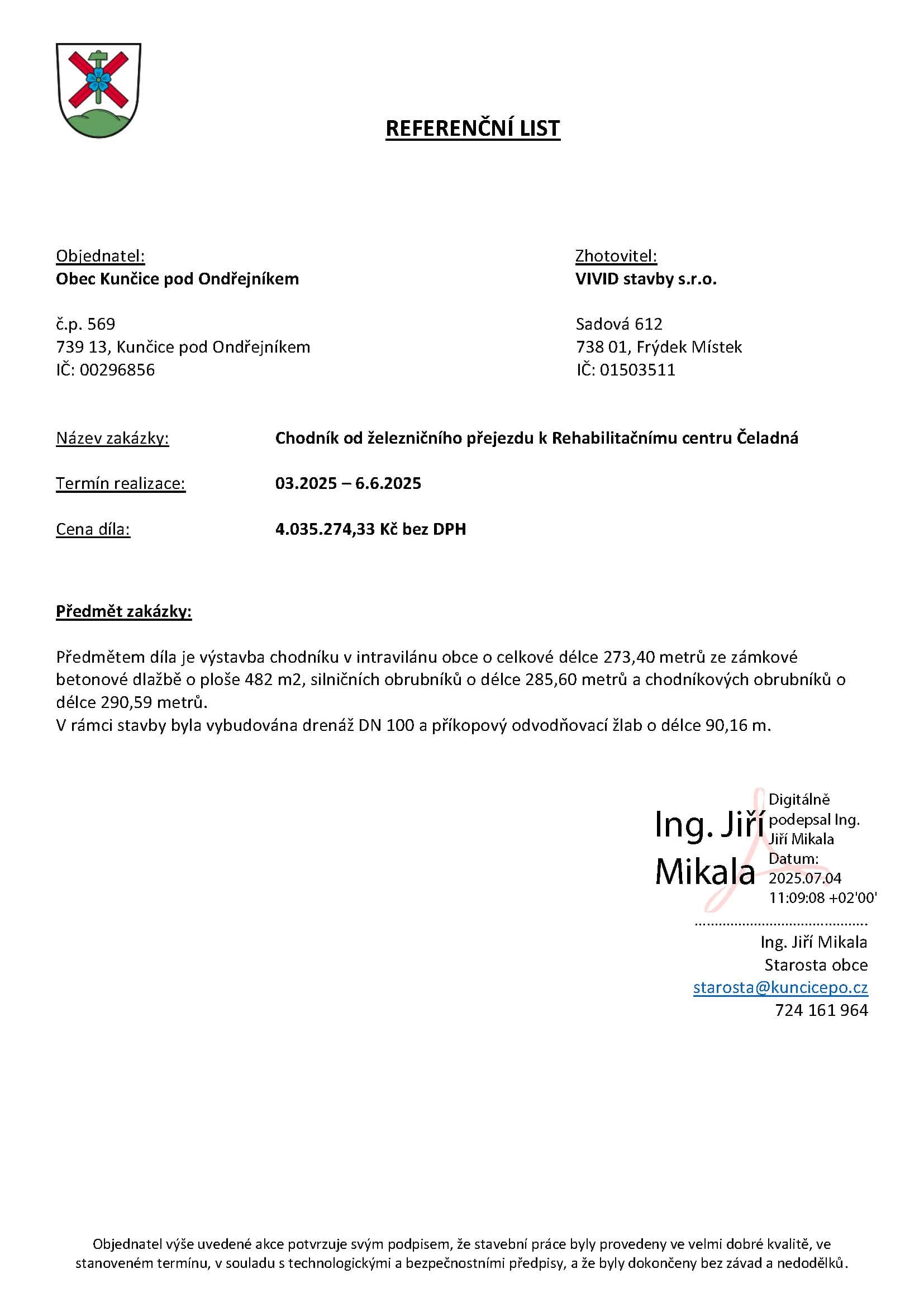 Kunčice pod Ondřejníkem – chodník