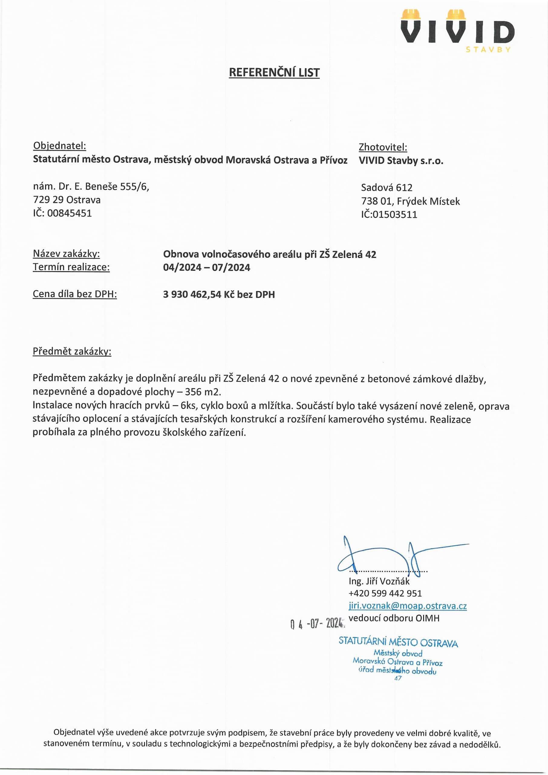 Ostrava – oprava areálu ZŠ Zelená (potvrzení)