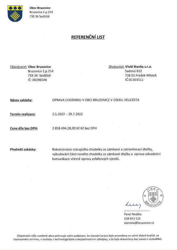 Bruzovice – oprava chodníku, úsek Velicesta