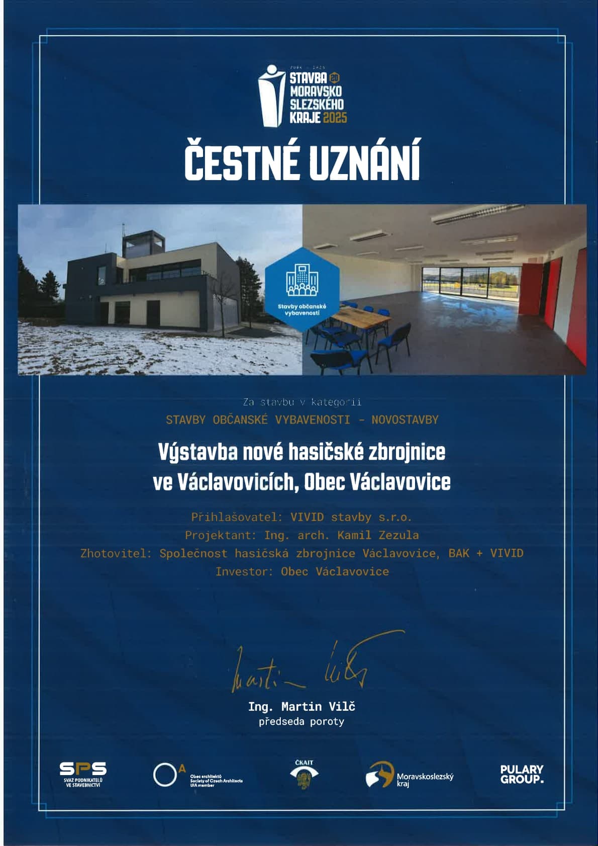 Čestné uznání – Výstavba nové hasičské zbrojnice ve Václavovicích
